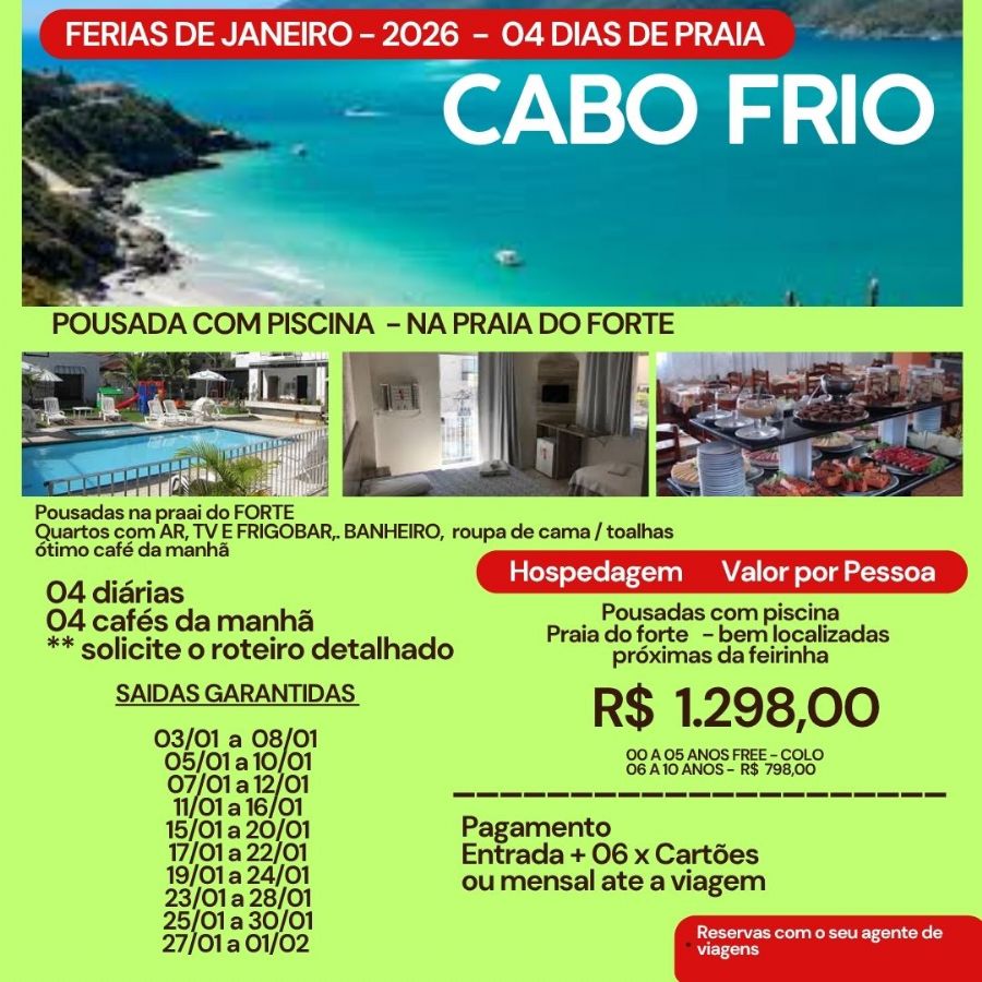 CABO FRIO  - FERIAS DE JANEIRO 2026   - VARIAS SAIDAS 